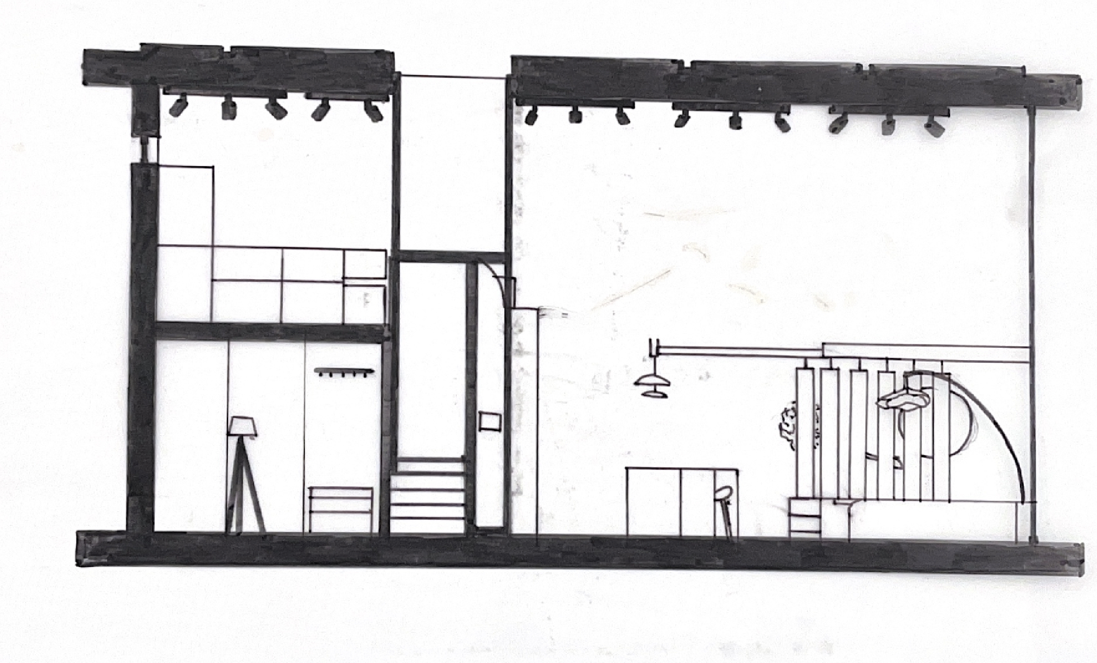 Line drawing of a cross-section interior of a building with multiple floors, stairs, and various furnishings like lamps, furniture, and structural elements.