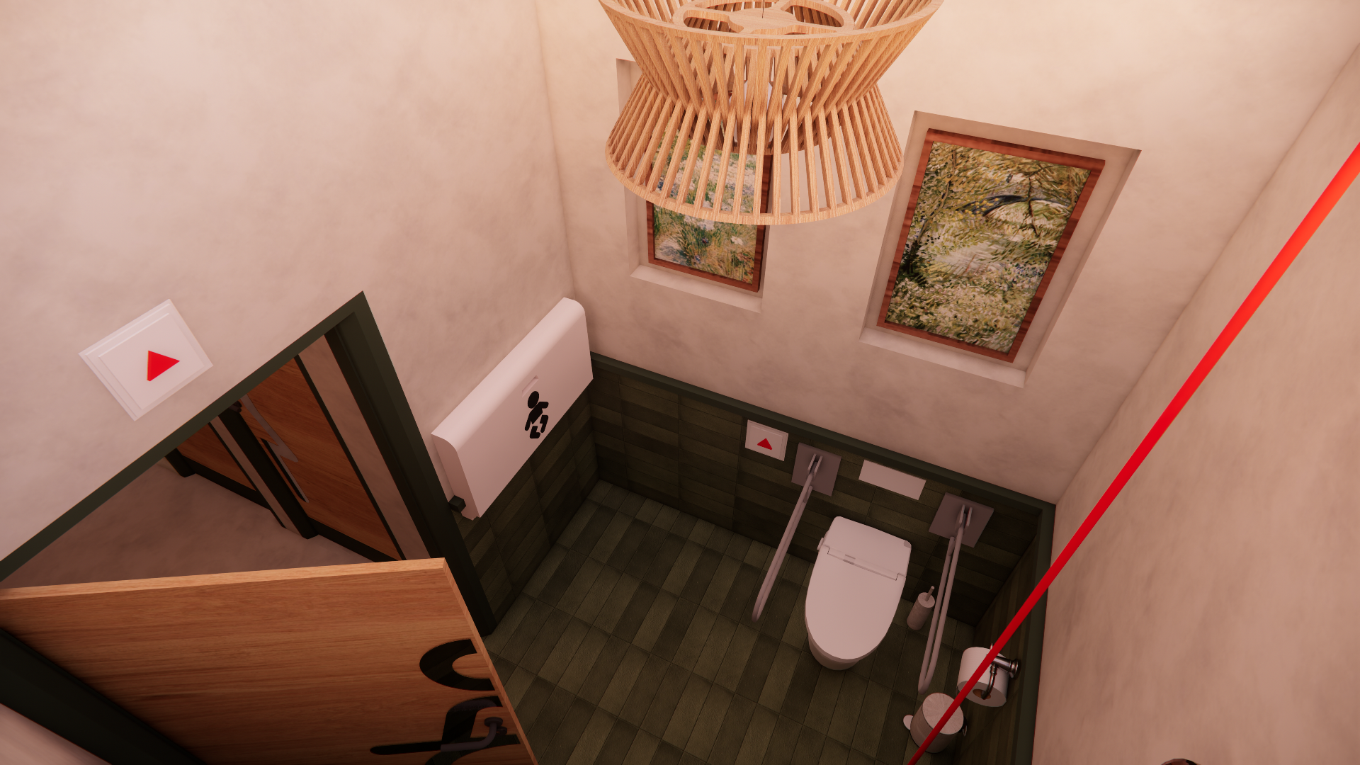 A modern bathroom with beige walls, dark wood floor tiles, and a Japanese-style toilet with bidet features. The room has a wooden ceiling light fixture, framed landscape paintings, and a black door with a wooden sliding mechanism.