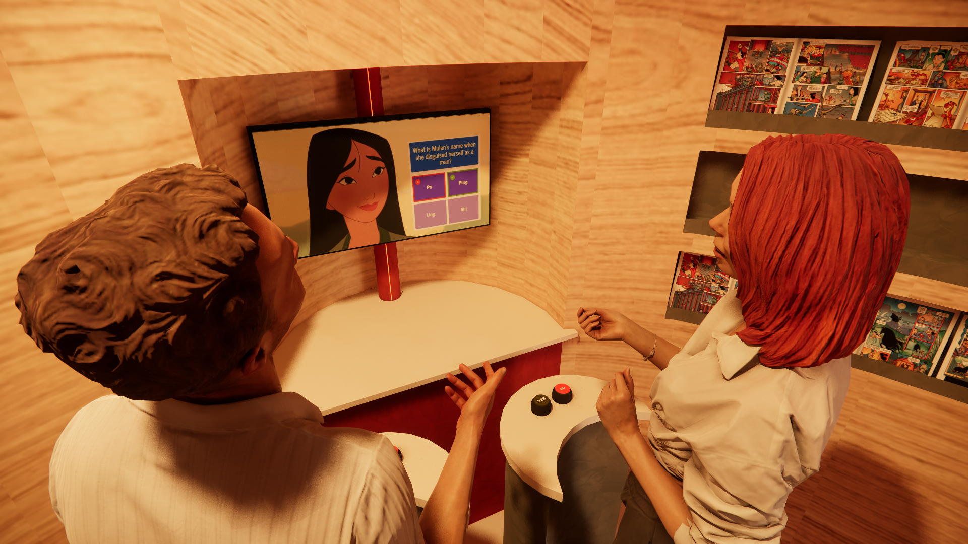 Two people playing a quiz game on a TV screen in a room with comics on the wall. The TV shows a cartoon woman and a question about Mulan's name when she disguises herself.