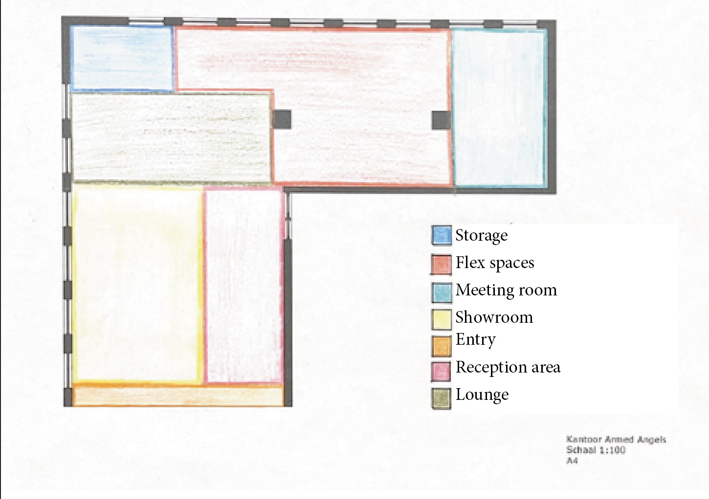A color-coded floor plan of a building with areas marked for storage, flex spaces, meeting room, showroom, entry, reception area, and lounge. The storage is blue, flex spaces are red, meeting room is light blue, showroom is yellow, entry is orange, reception area is pink, and lounge is light grey. The plan includes a legend and the title 'San Antonio Animal Angels, Scale 1:100, A4'.