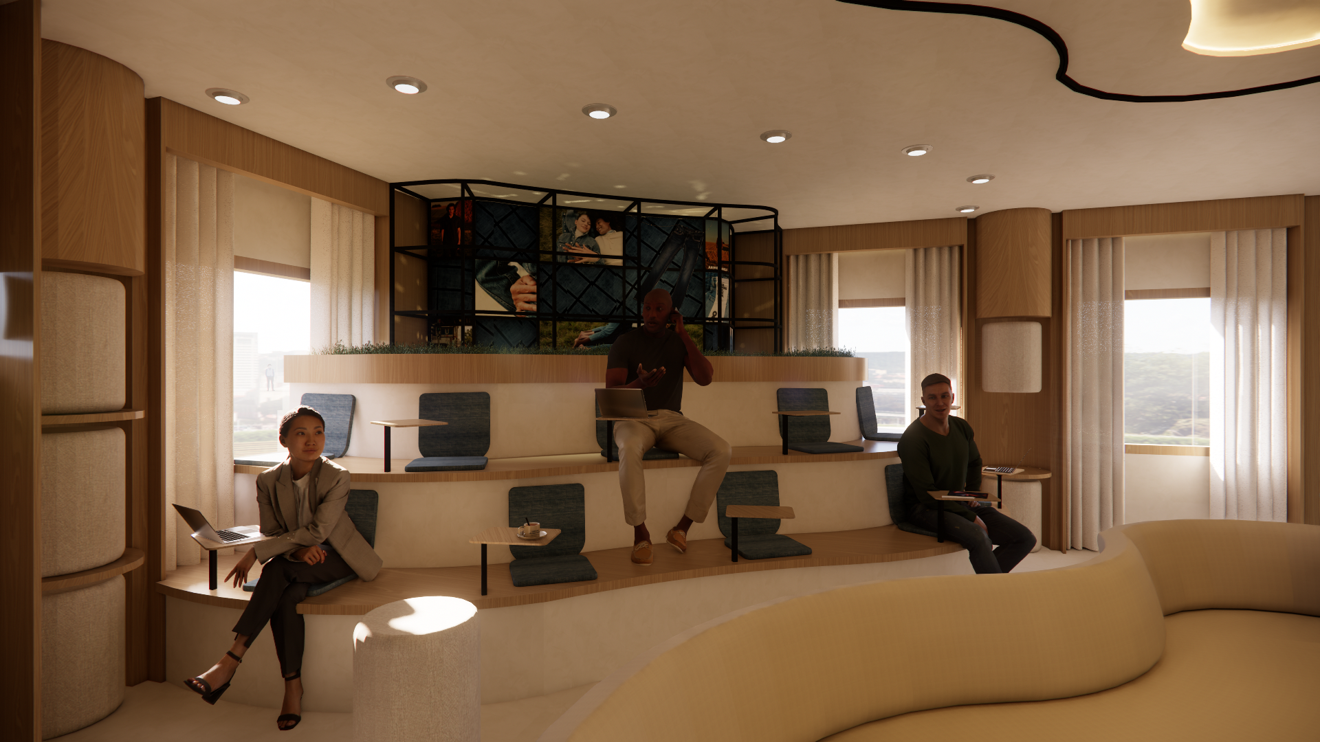 Modern office lounge with large windows, wooden accents, and people sitting and working, including a woman with a laptop, a man on a phone, and another man with a tablet, with a TV screen showing a scene in the background.