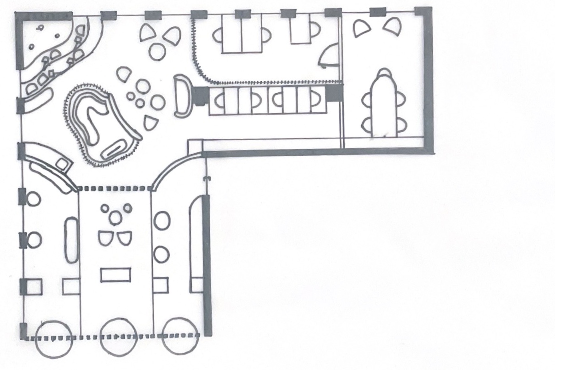 A detailed floor plan of an indoor space including a lounge area, reception, offices, multiple workstations, and a restroom.