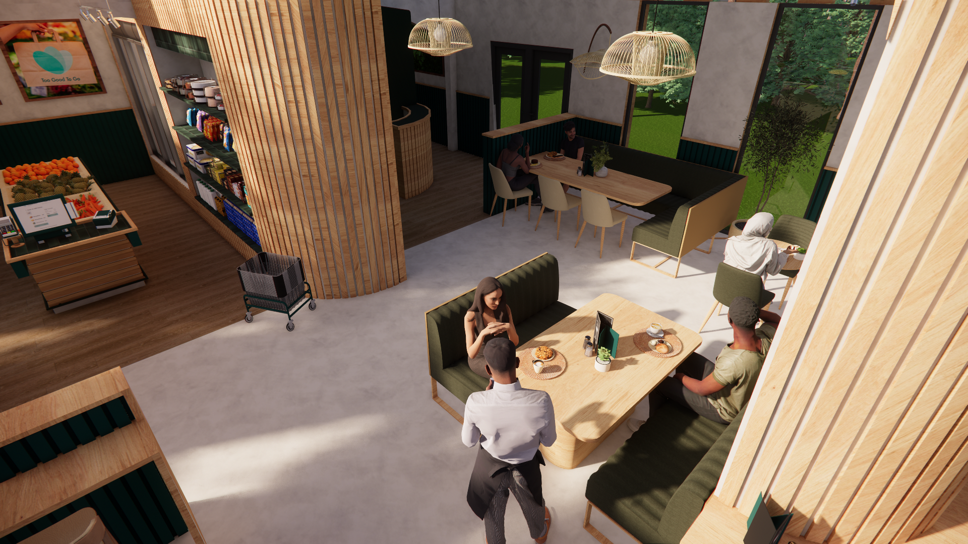 A modern cafe with large windows, wooden accents, and hanging pendant lights. Customers are seated at tables, some engaged in conversation or using devices. A woman is looking at her phone, and a waiter is taking orders. There is a fruit and vegetabl