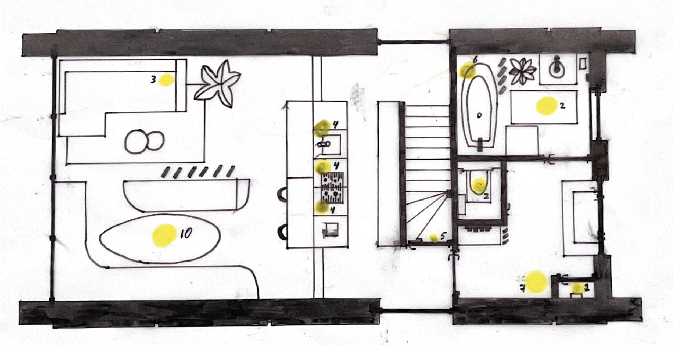 Floor plan of a house with rooms labeled and highlighted areas marked with yellow dots.