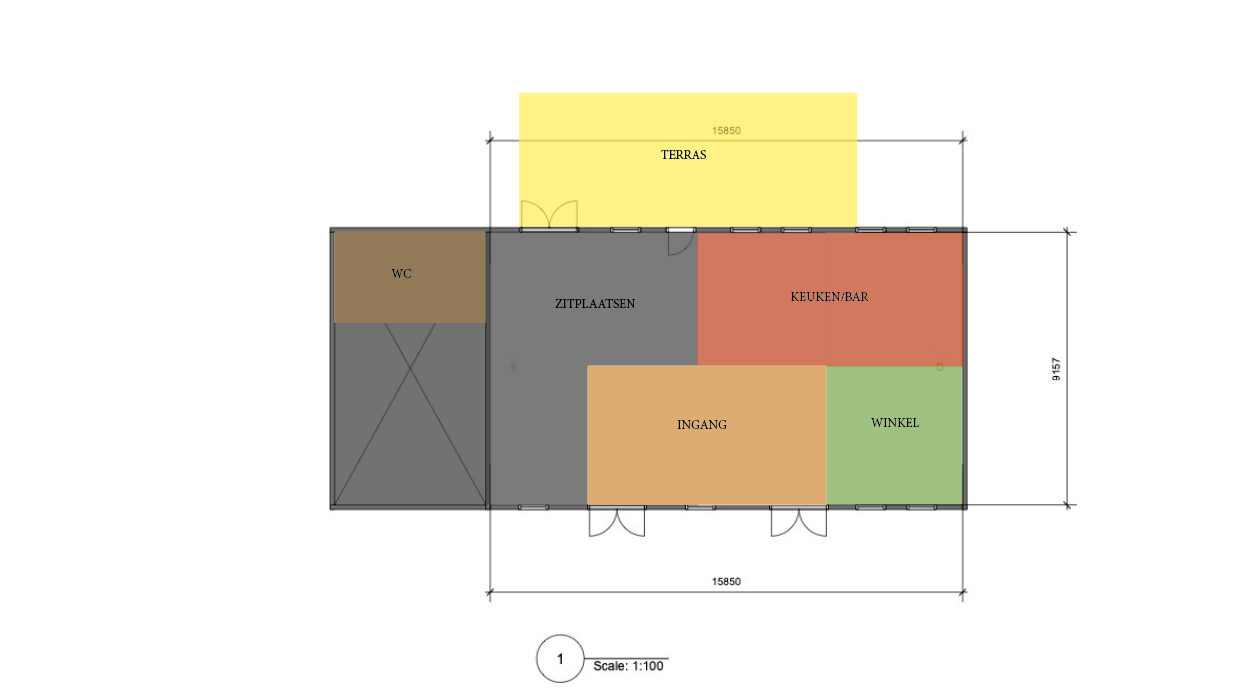 Floor plan of a building with labeled sections including terrace, waiting area, kitchen/bar, entrance, shop, and toilet, with measurements in millimeters.