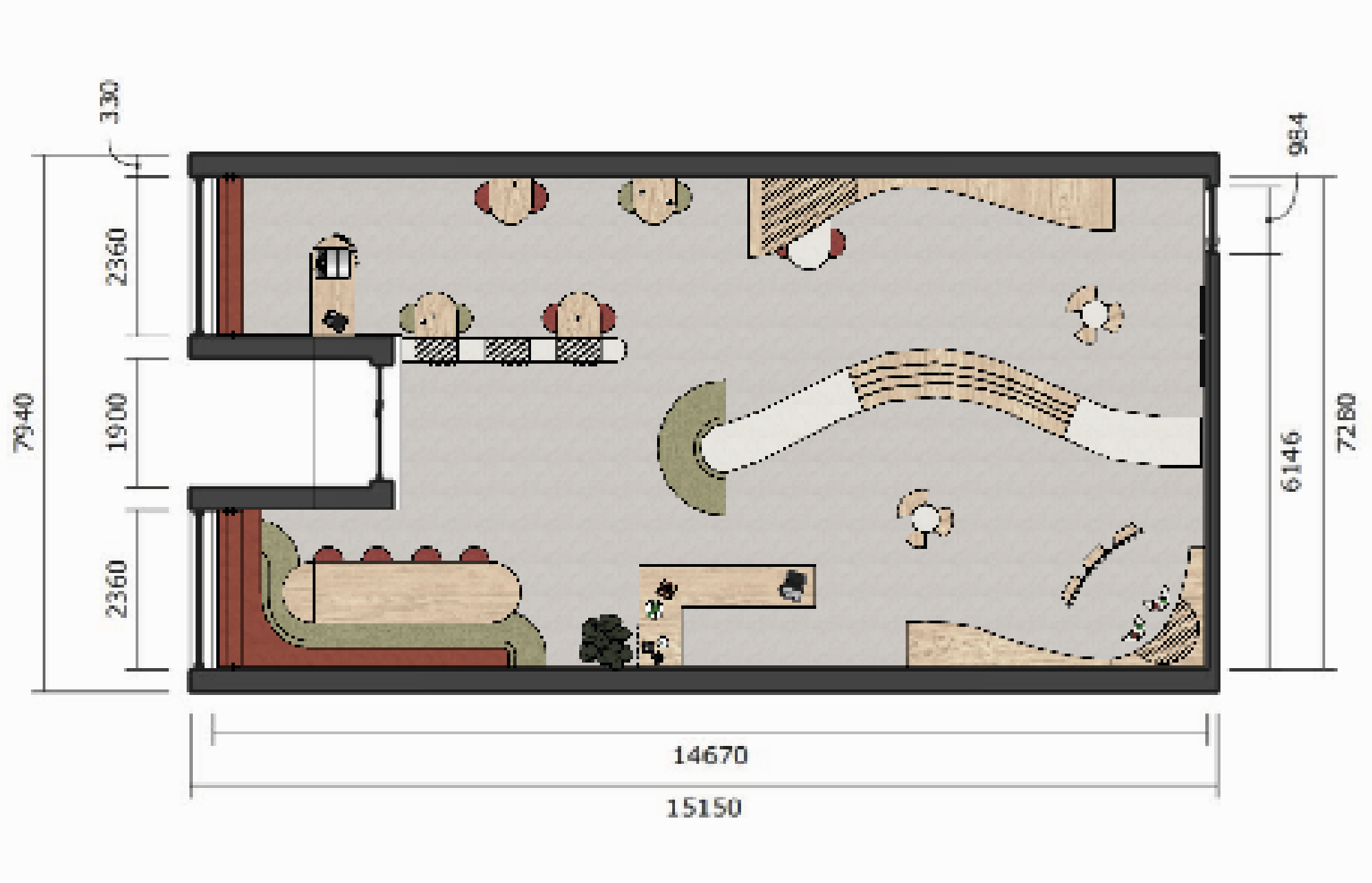 Floor plan of a large room, possibly a childcare or play area, with various play equipment, seating, and decorative elements, including desks, tables, benches, and small climbing structures.