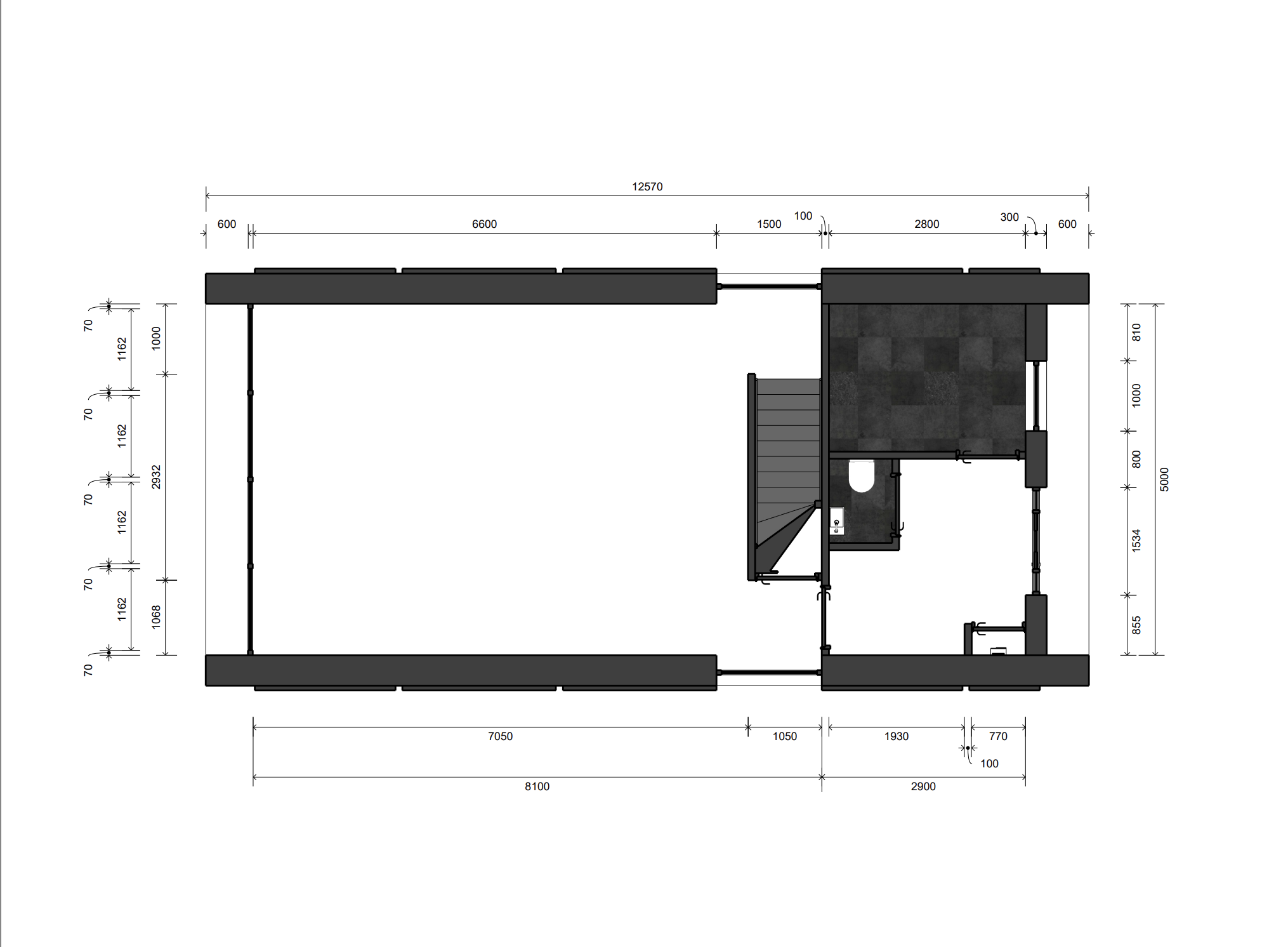 Architectural floor plan of a residential house with measurements and room layouts, including stairs, bathroom, and living areas.
