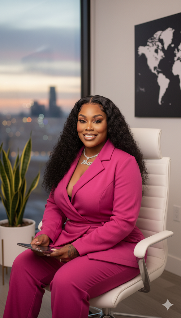 A Black woman with long curly hair, wearing a pink suit and a diamond necklace, sitting on a white office chair, smiling, in a modern office with a city skyline view and a world map on the wall.