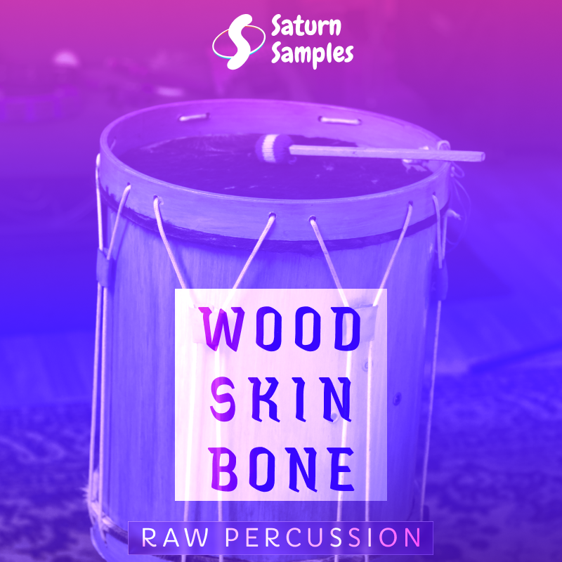 A bucket filled with a dark liquid, possibly tar, with a small stick resting on top. The bucket is labeled with a sign that reads "Wood Skin Bone" and has a logo for Saturn Samples at the top. The image has a purple and pink overlay.