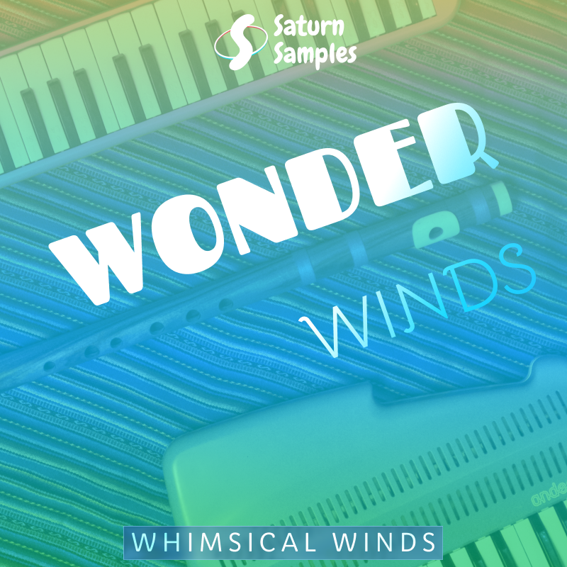Music studio with keyboard and electronic equipment, overlaid with the title 'Wonder Winds' and 'Saturn Samples' logo.