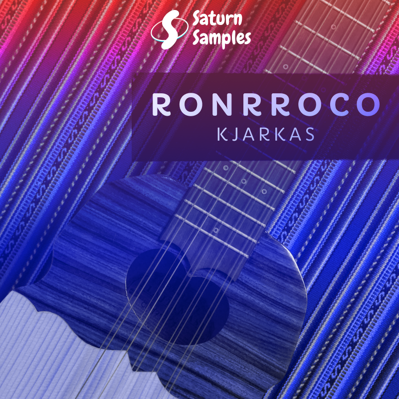 Cover of a music album featuring an acoustic guitar with a blue and purple patterned background, with the text "Saturn Samples" and "RONRORO KJARKAS".