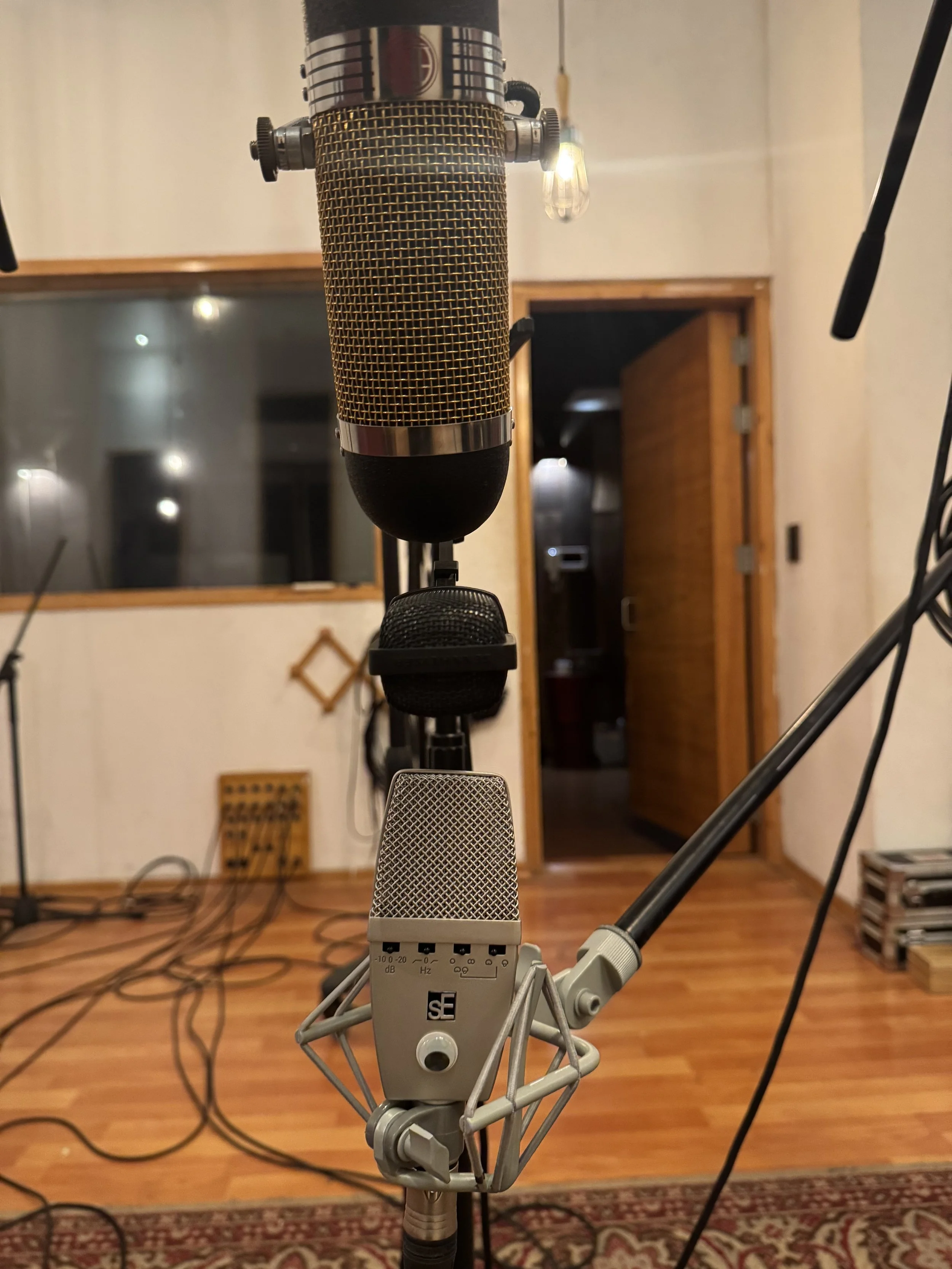 Close-up of a professional microphone suspended in a recording studio, with acoustic panels on the walls, wood floors, and various audio equipment visible in the background.