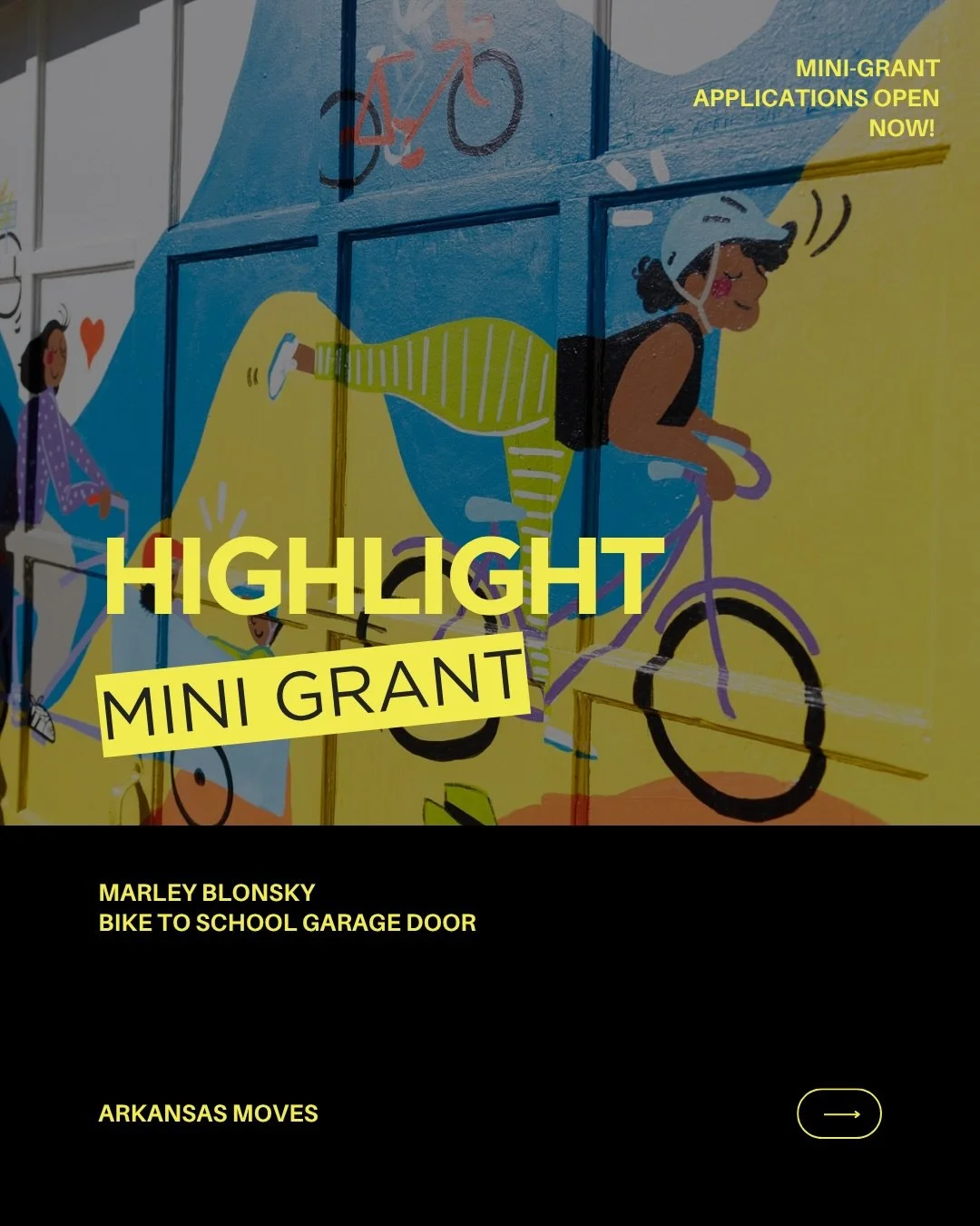Through an Arkansas Moves mini grant, @marleyblonsky&rsquo;s Bike to School garage door project came to life with artwork by Jes Weiner (@magichatmuralist), turning an everyday space into something that reflects movement and community.

Projects like
