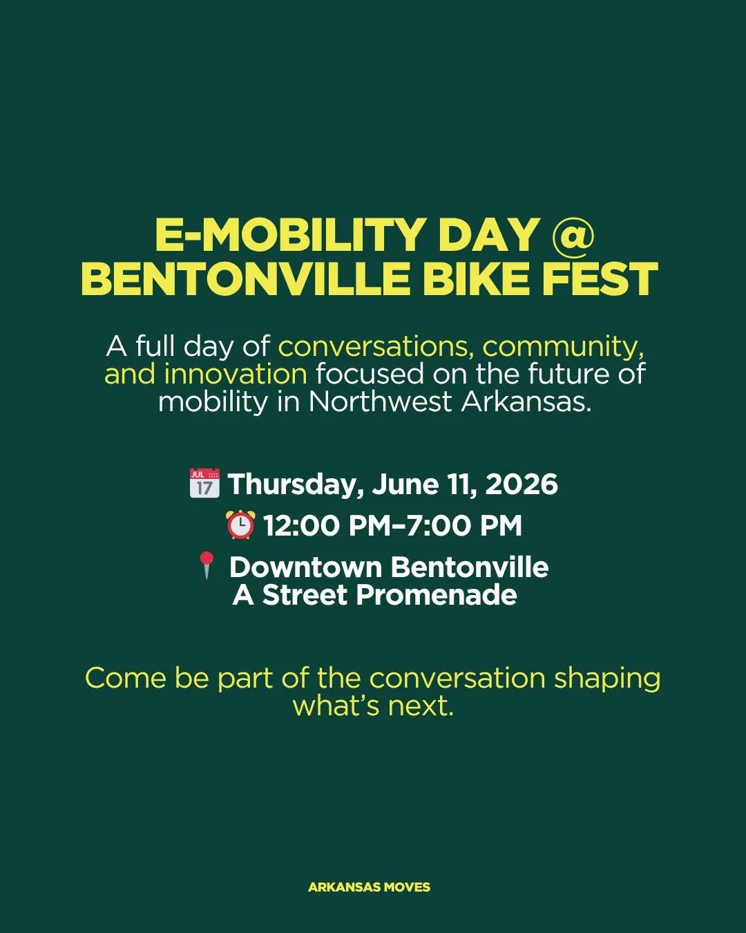 E-Mobility Day at Bentonville Bike Fest is bringing together local advocates, industry leaders, bike brands, and community partners for conversations around e-bikes, safer streets, connected infrastructure, and the future of mobility in Arkansas.

Wh