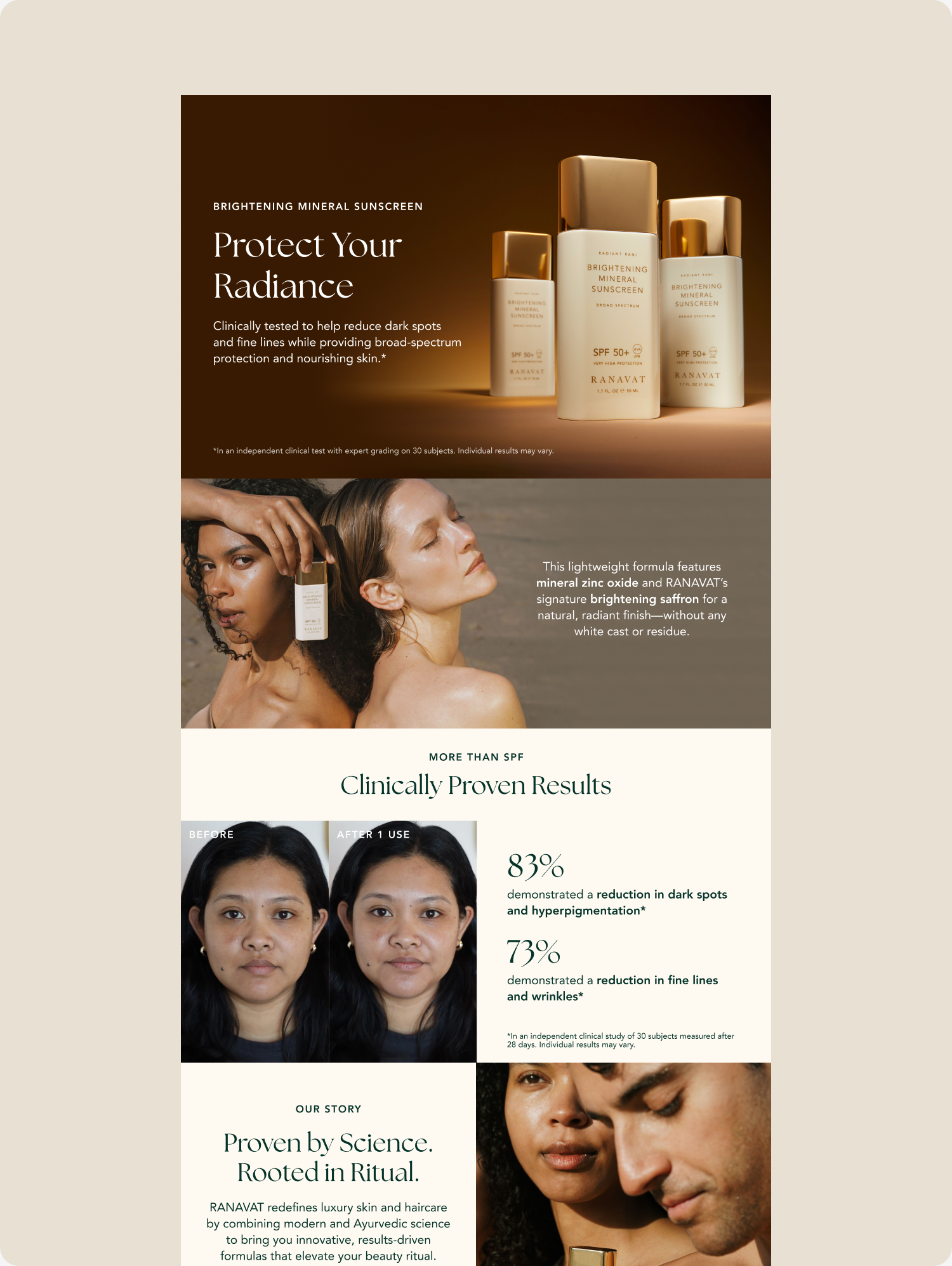 An advertisement for RANAVAT Brightening Mineral Sunscreen featuring multiple sunscreen bottles, a woman with glowing skin holding a bottle, before and after photos showing reduced dark spots and fine lines, and textual information about the product's benefits and results.