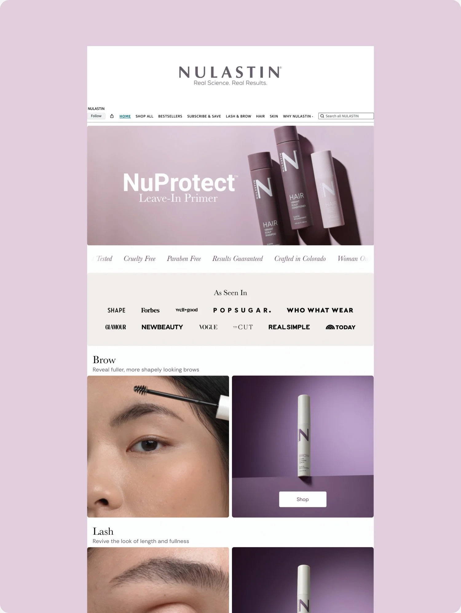 A webpage for NULASTIN showcasing NuProtect Leave-In Primer, featuring images of hair care products, a close-up of a woman's eye with an eyebrow brush, and a lash product on a purple background.