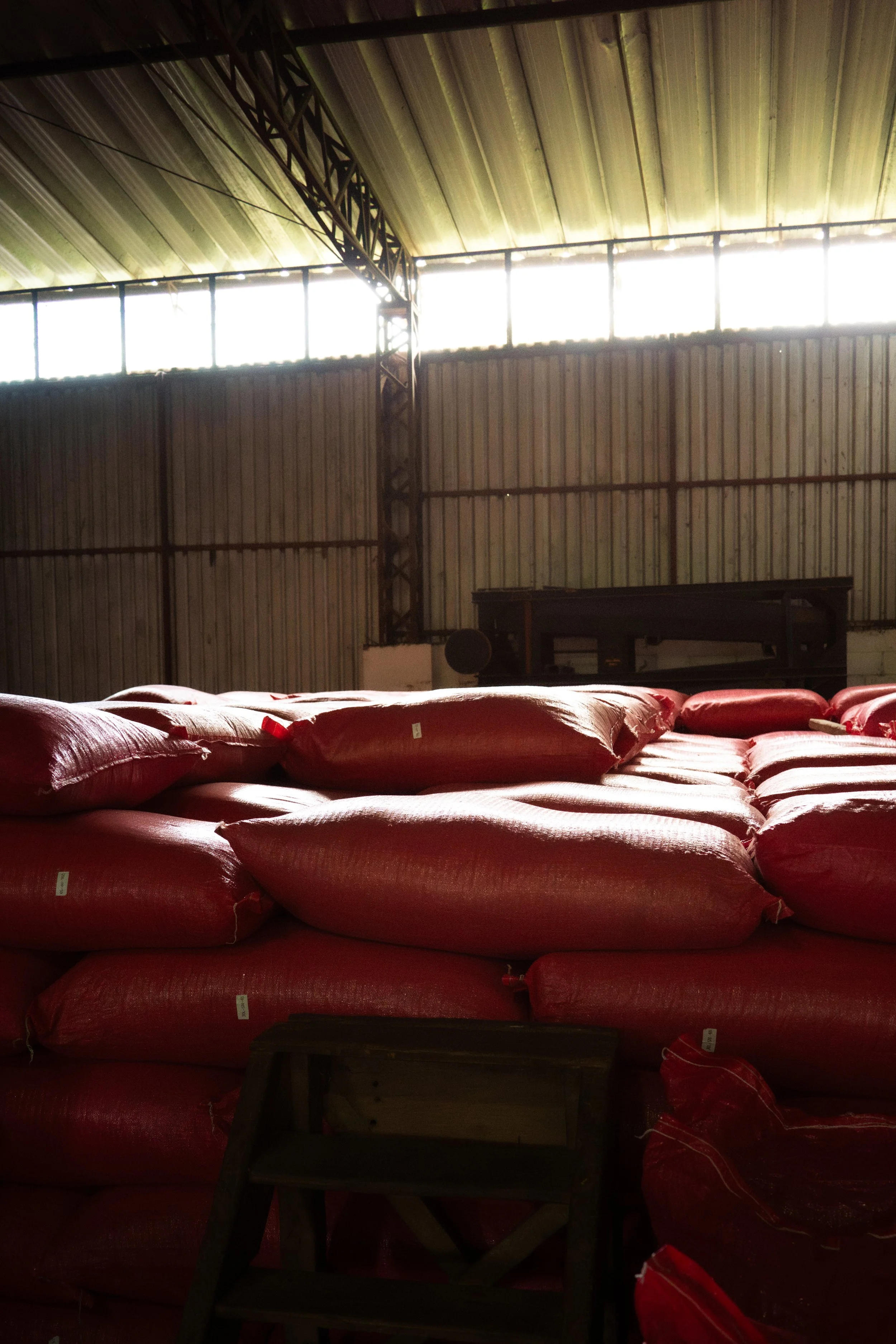 Stacked bags full of coffee.