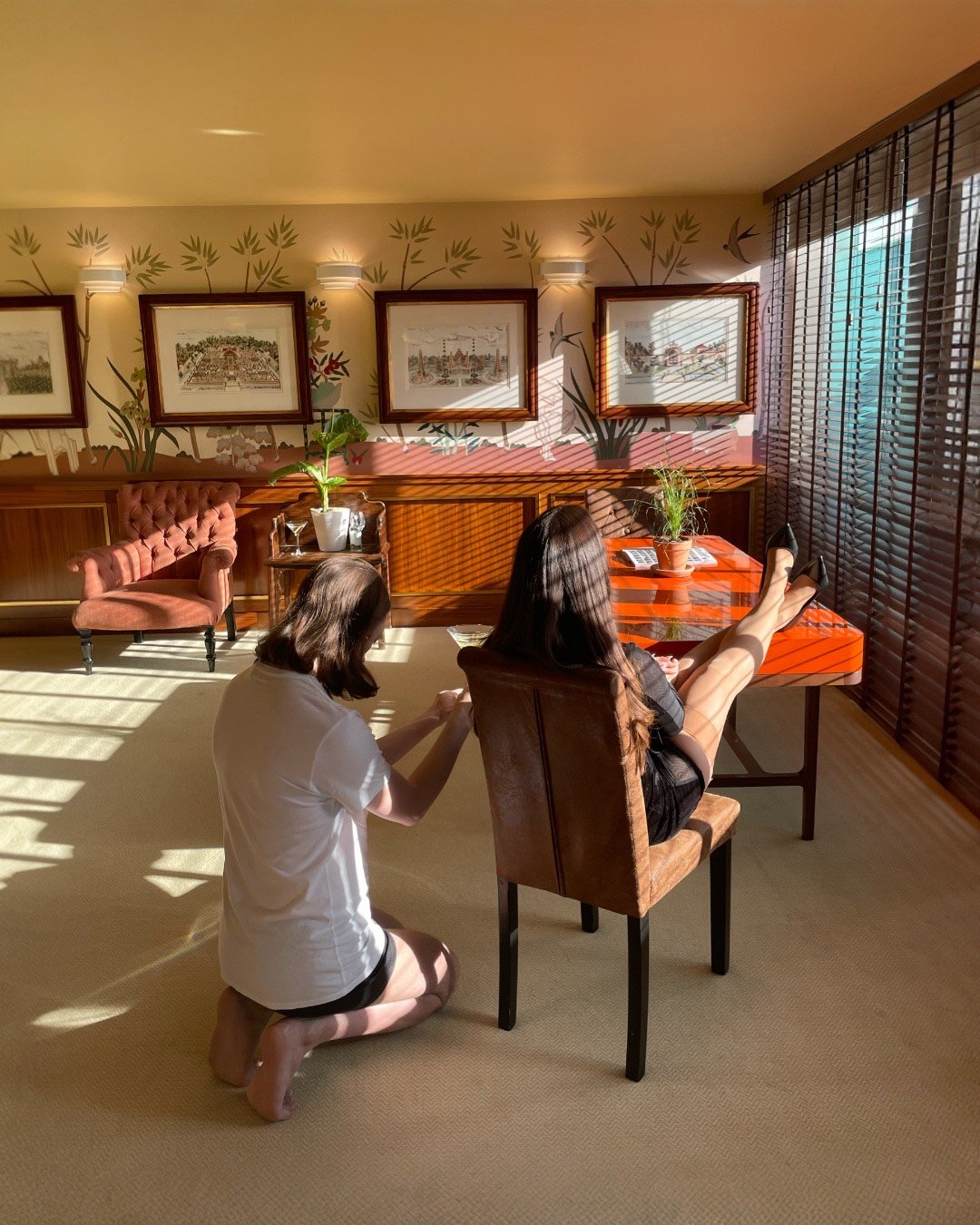 Two women in a sunlit room, one sitting on a chair and the other kneeling on the carpet, both looking at their phones. The room has framed art on the wall, plants on a table, and large windows with blinds casting shadows.