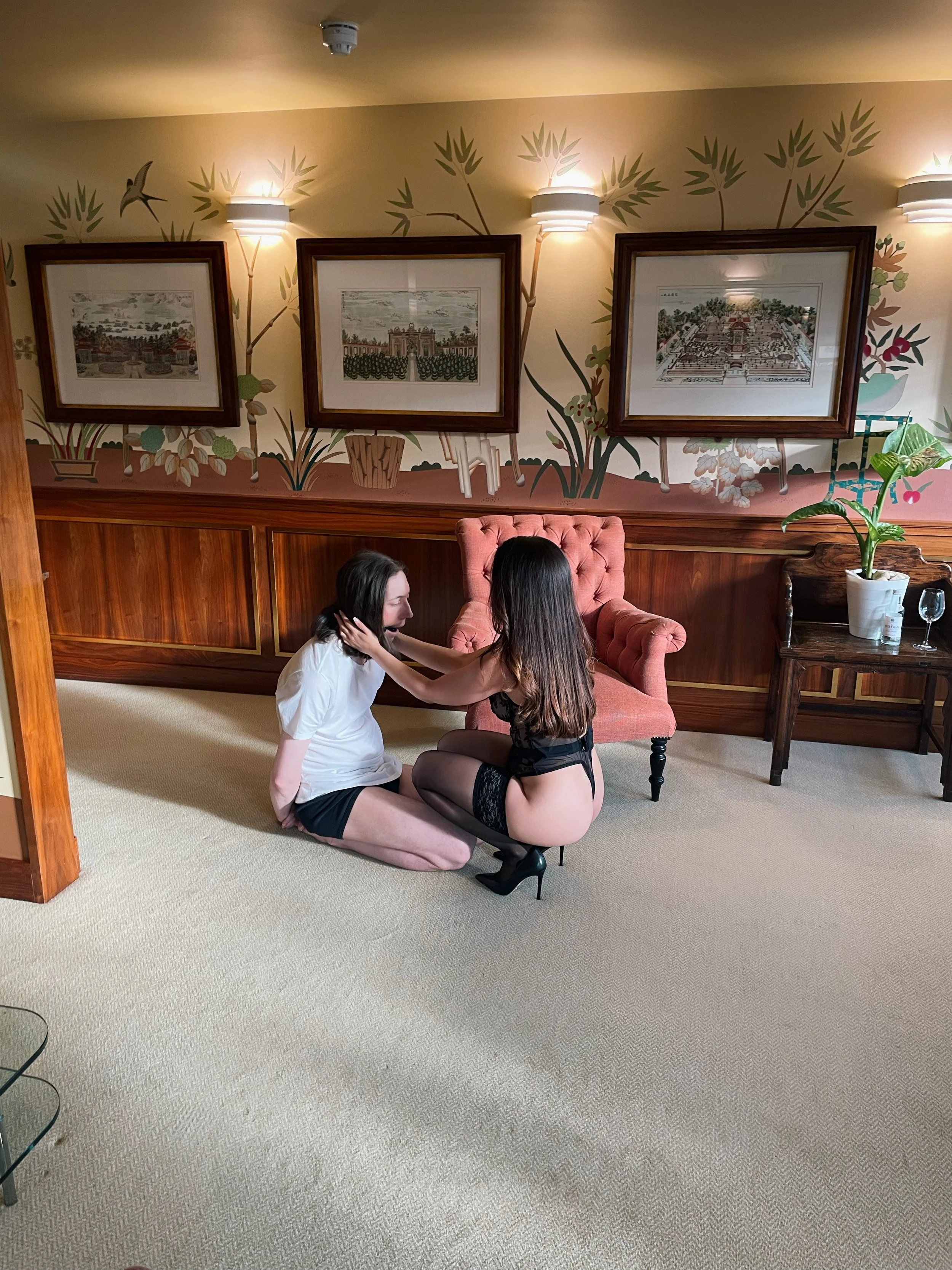 A woman in lingerie is kneeling on one knee, holding a woman's face while a woman is sitting on the floor with her hands behind her back in a room with framed pictures on the wall and a pink armchair.