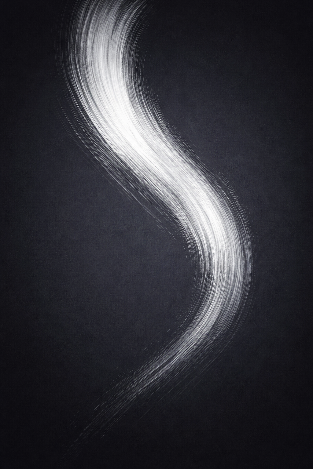 White stylized S-shaped brushstroke on black background