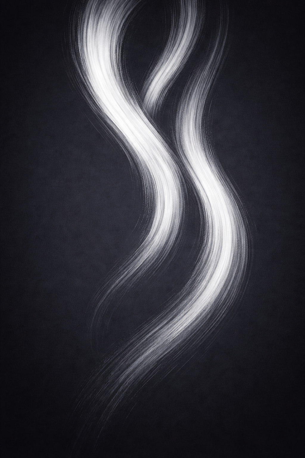 Abstract black and white artwork with swirling, flowing lines resembling smoke or waves.