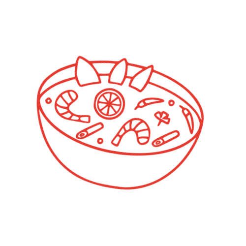 Red line drawing of a bowl of seafood soup with shrimp, lemon, and vegetables.