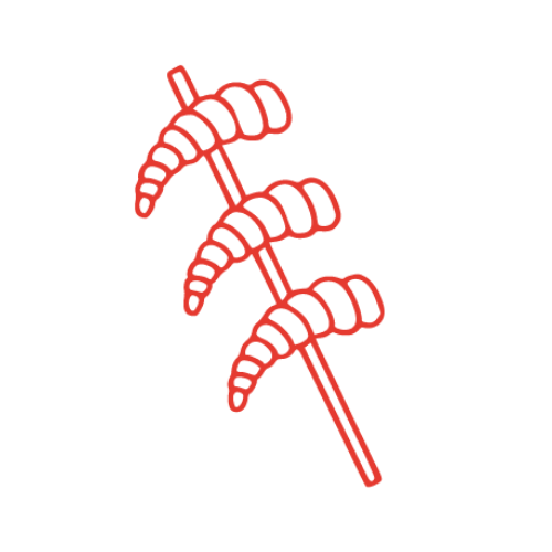 A red illustration of a plant with three segmented leaves attached to a central stem.