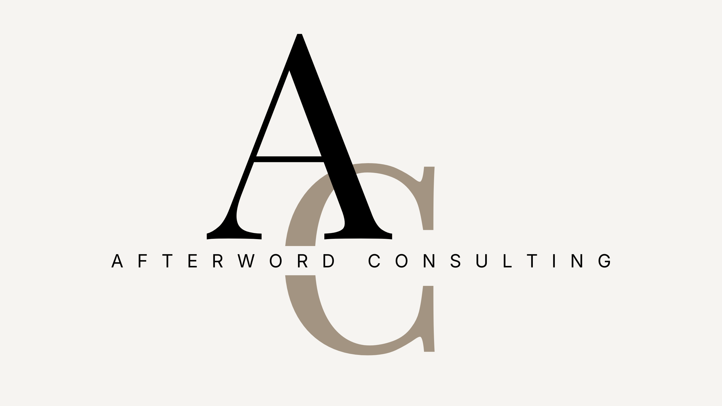 Logo for Afterword Consulting featuring a large black letter A and an oversized tau symbol with the words 'AFTERWORD CONSULTING' underneath.