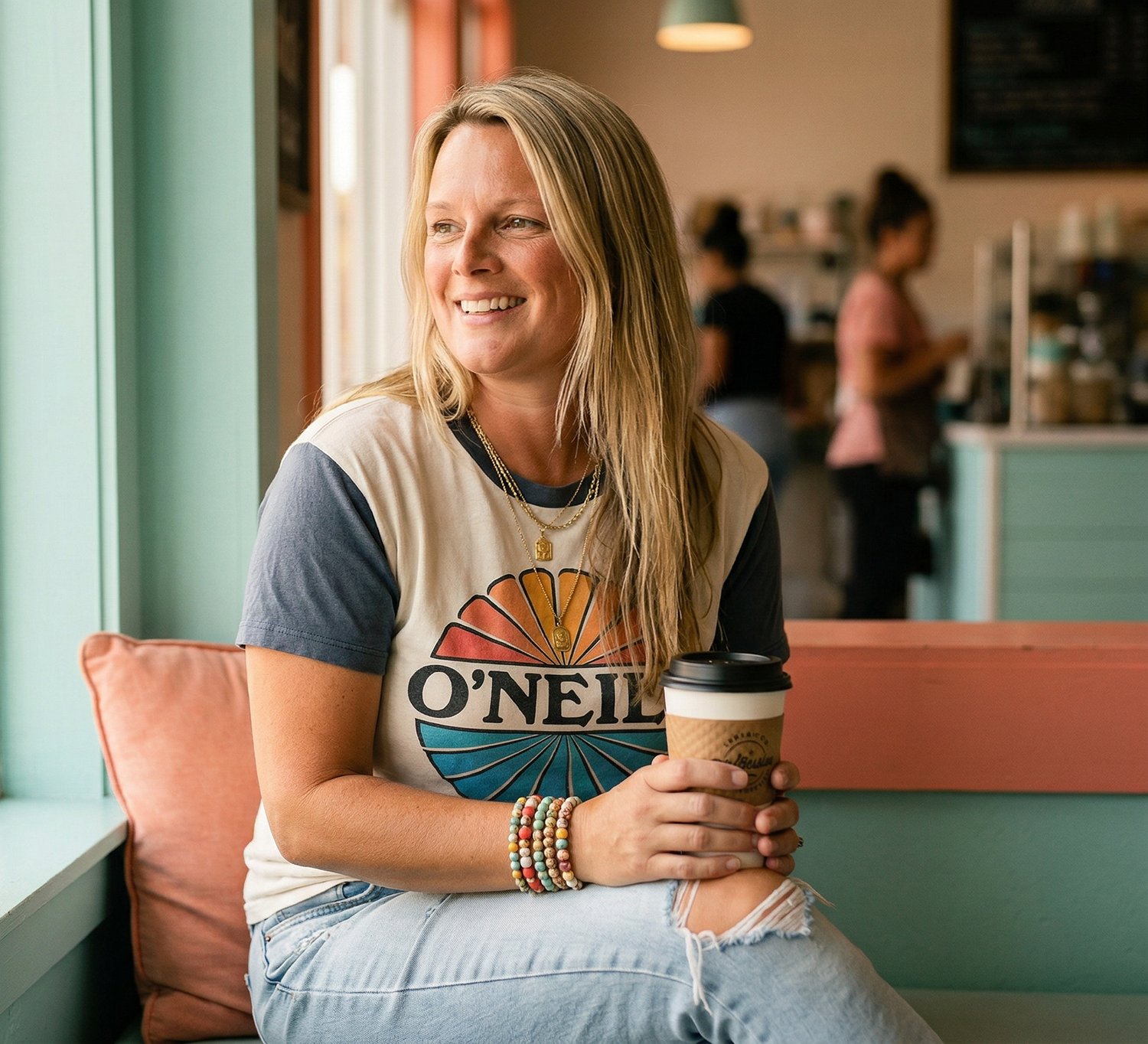 A woman with long blonde hair sitting in a cafe, smiling, holding a coffee cup, wearing a graphic O'Neill t-shirt, multiple colorful beaded bracelets, and layered gold necklaces, with a busy cafe background.