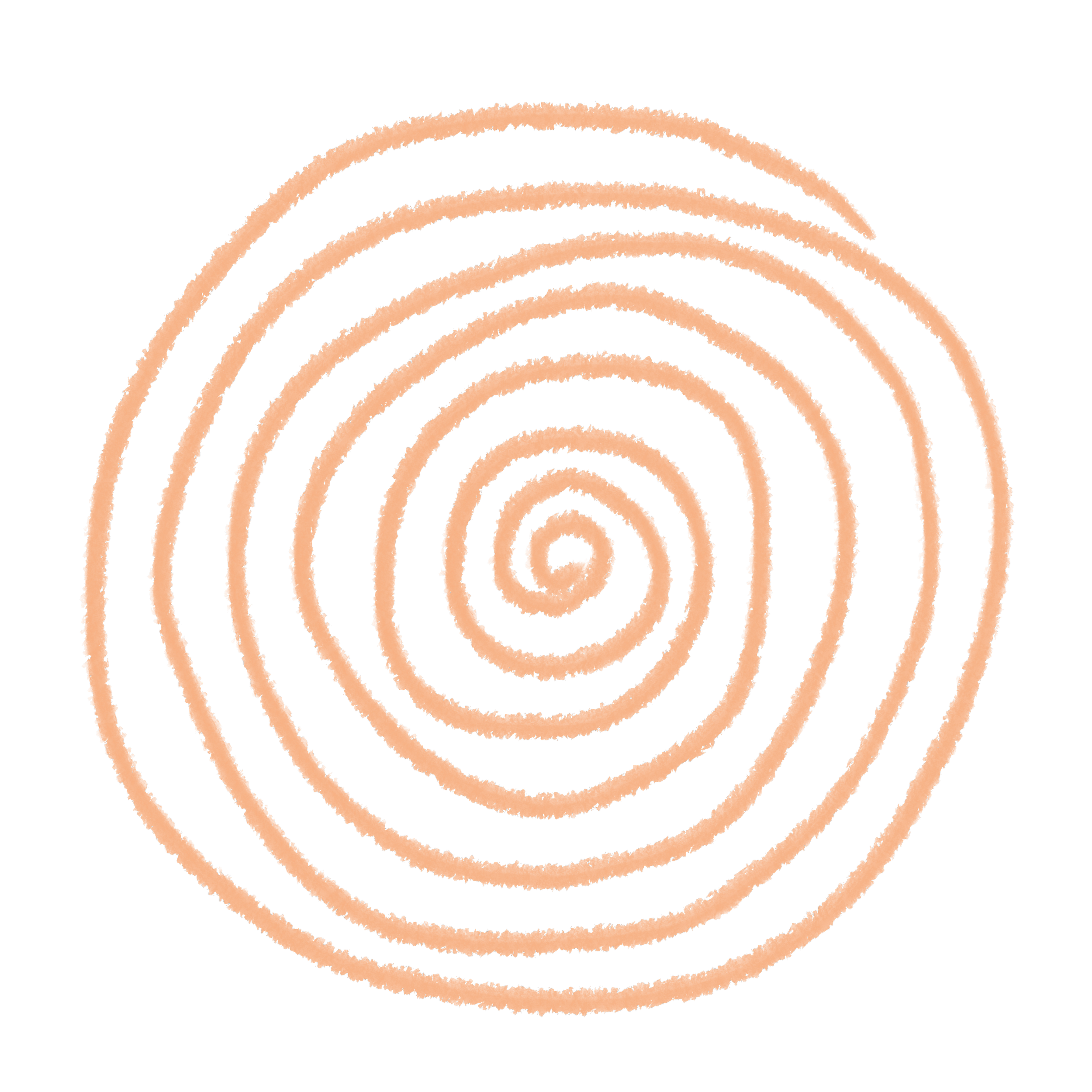 A stylized drawing of an orange spiral on a white background.