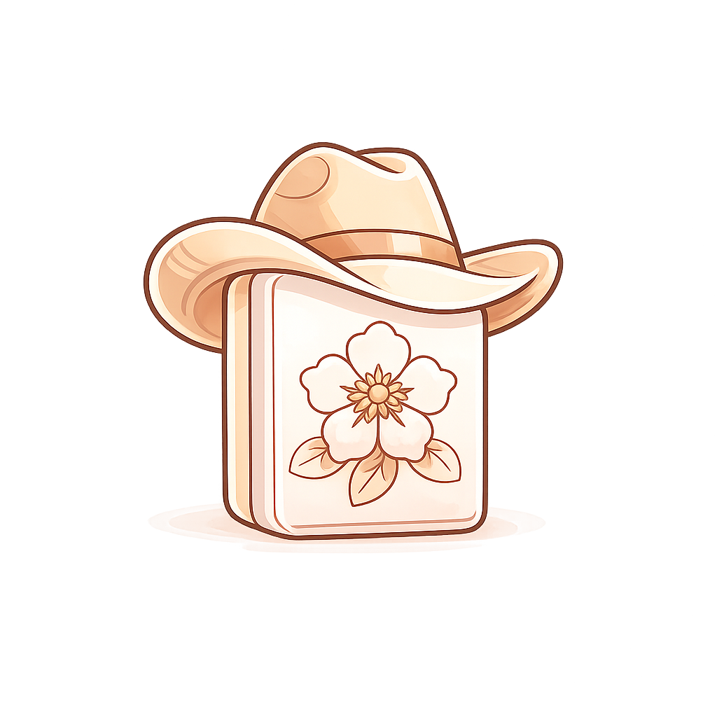 A perfume bottle with a flower design on the label, topped with a beige cowboy hat.