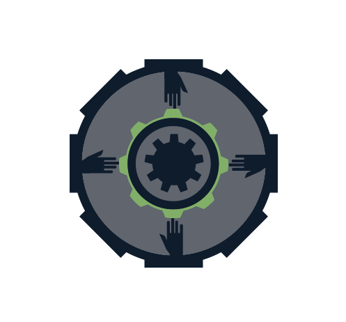 A stylized gear emblem with four hands pointing toward the center, representing teamwork or coordination.