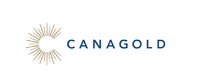 Logo for Canagold, featuring a circular gold burst design with the company name in blue.
