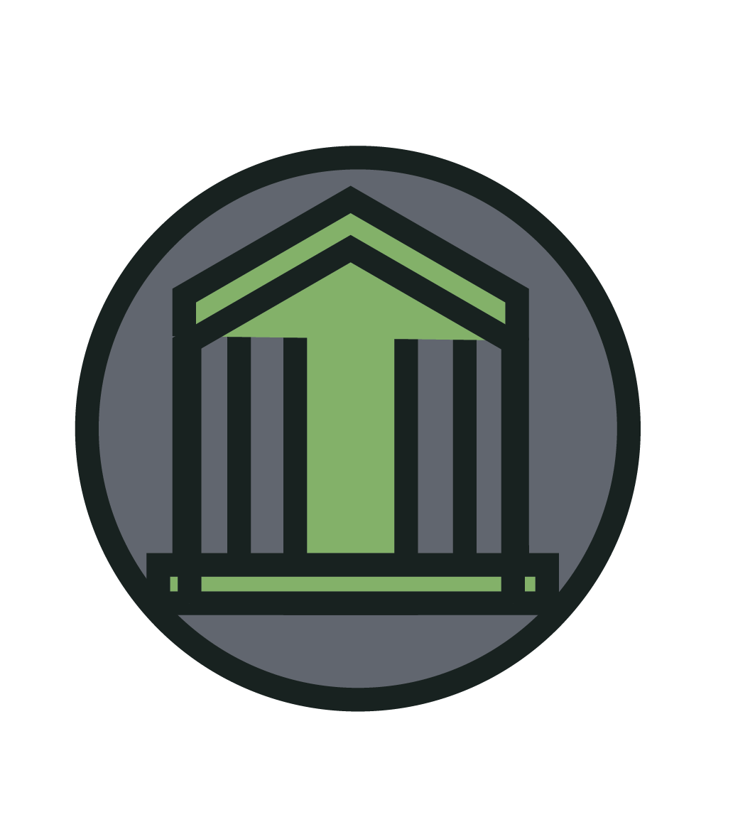 Icon with a green arrow pointing upward inside a stylized building with columns, set against a dark gray circular background.