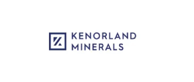 Kenorland Minerals logo with blue text and logo symbol on a white background.