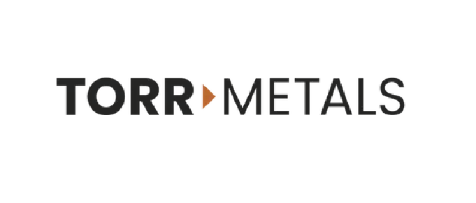 Logo for TorrMetals with the text 'Torr Metals' in black and an orange triangle between the two words.