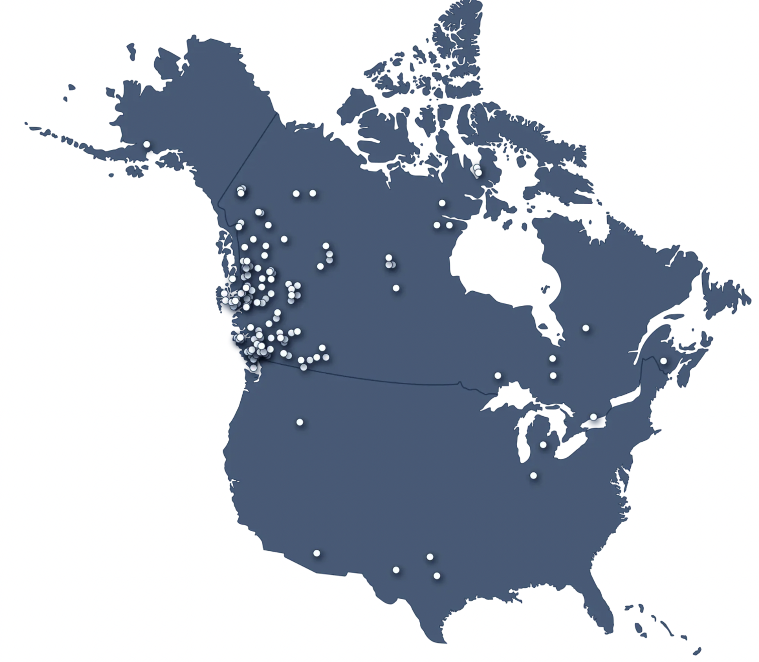 Map of North America showing many white pins mostly along the western coast and in the United States.