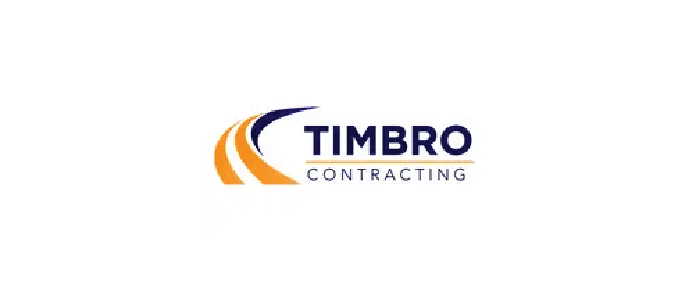 Logo for Timbro Contracting with stylized orange and navy swoosh and company name.