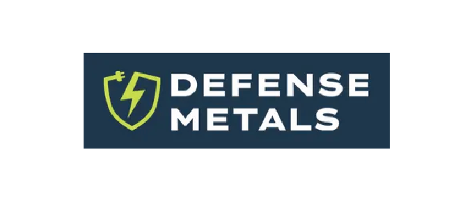 Logo for Defense Metals featuring a shield with a lightning bolt and the company name.