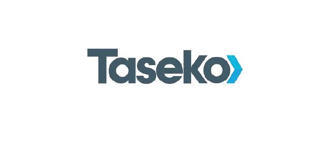 Taseko logo with the company name in dark gray letters and a blue arrow symbol.