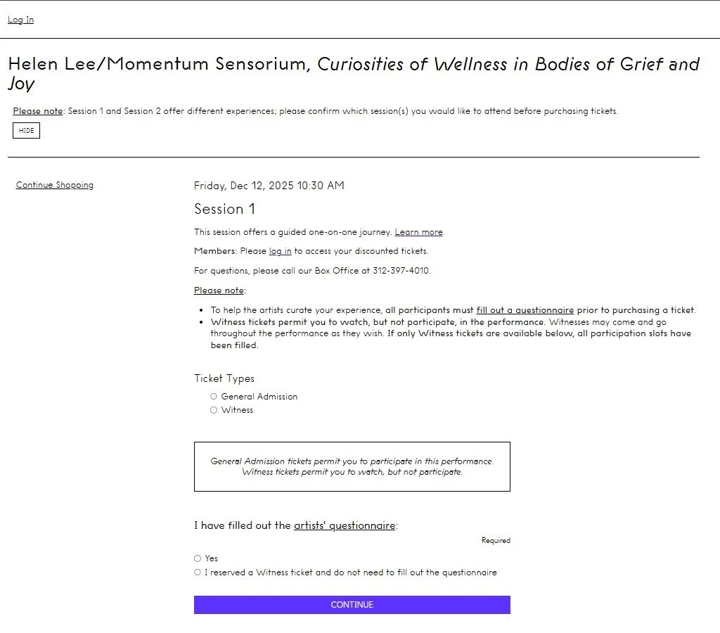 A screenshot of the ticket sales page for a unique performance/workshop in 2025