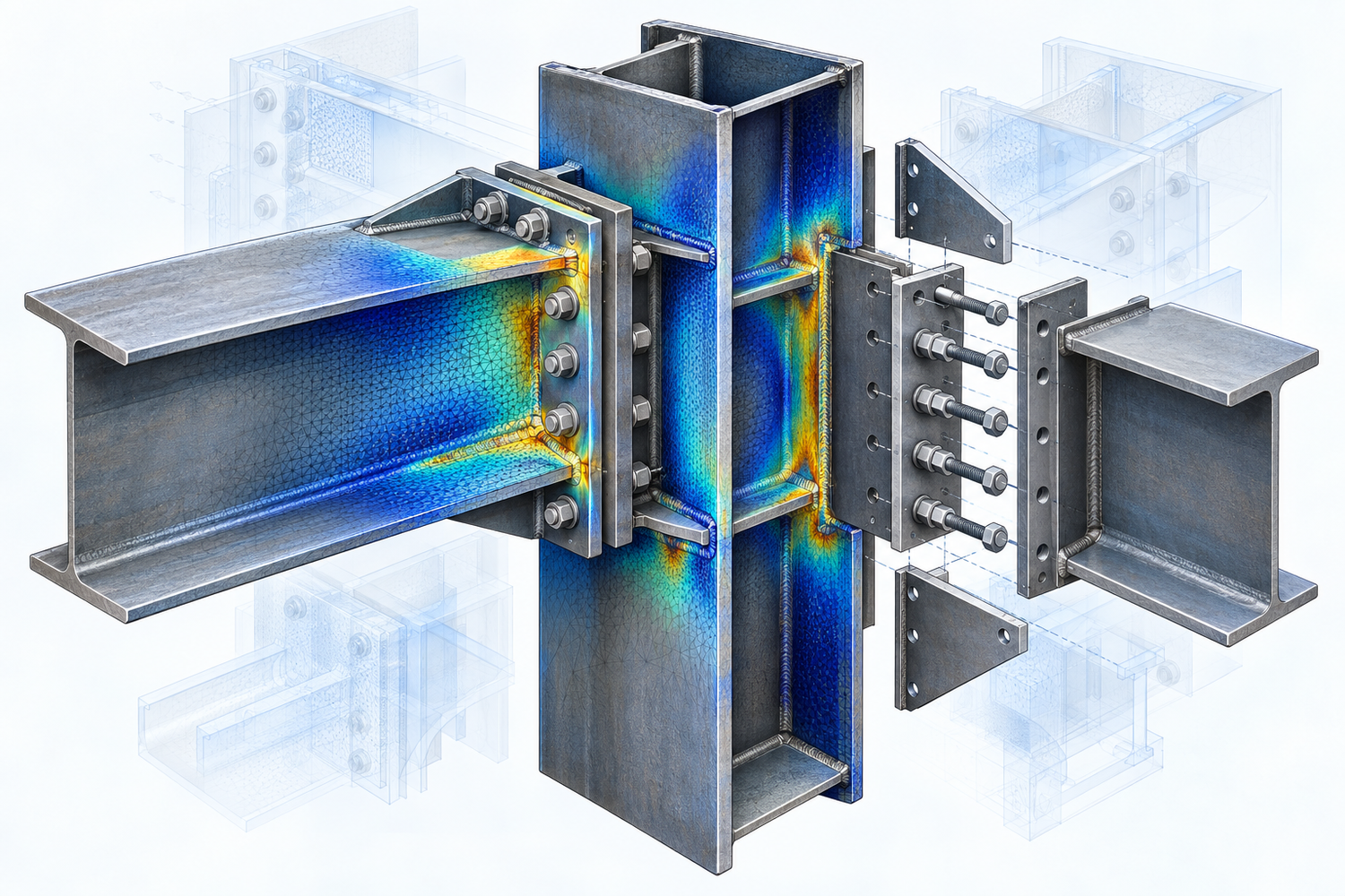 Illustrative detailed beam-column connection with stiffening ribs, plates, bolts, local response, and alternative geometry; no client data