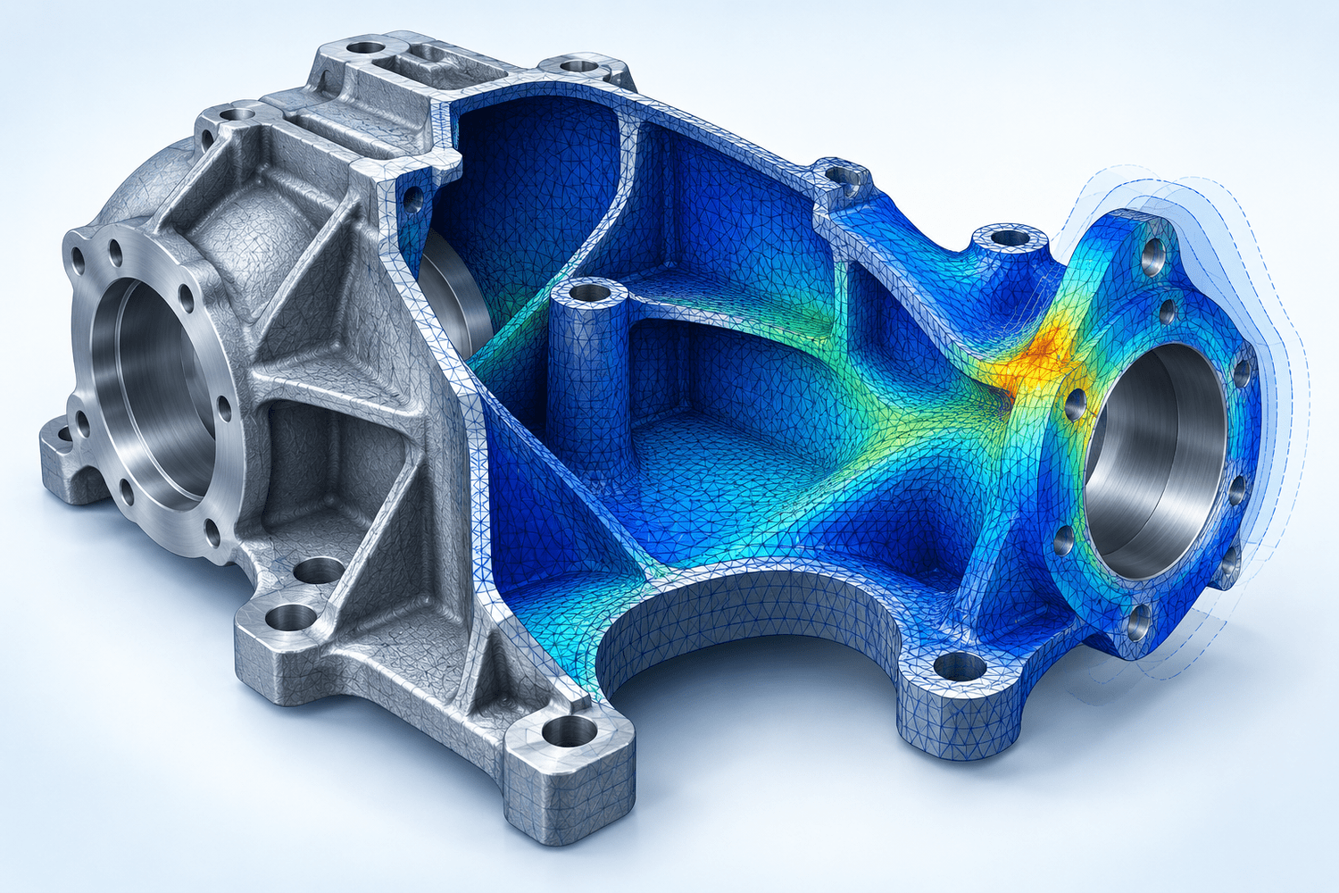 Illustrative cast mechanical housing with curved walls, mounting interfaces, internal ribs, finite-element response, and deformed geometry; no client data