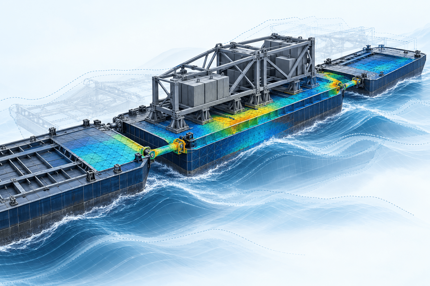 Illustrative coupled modular barges with deck framing, variable loading, local response fields, and environmental conditions; no client data