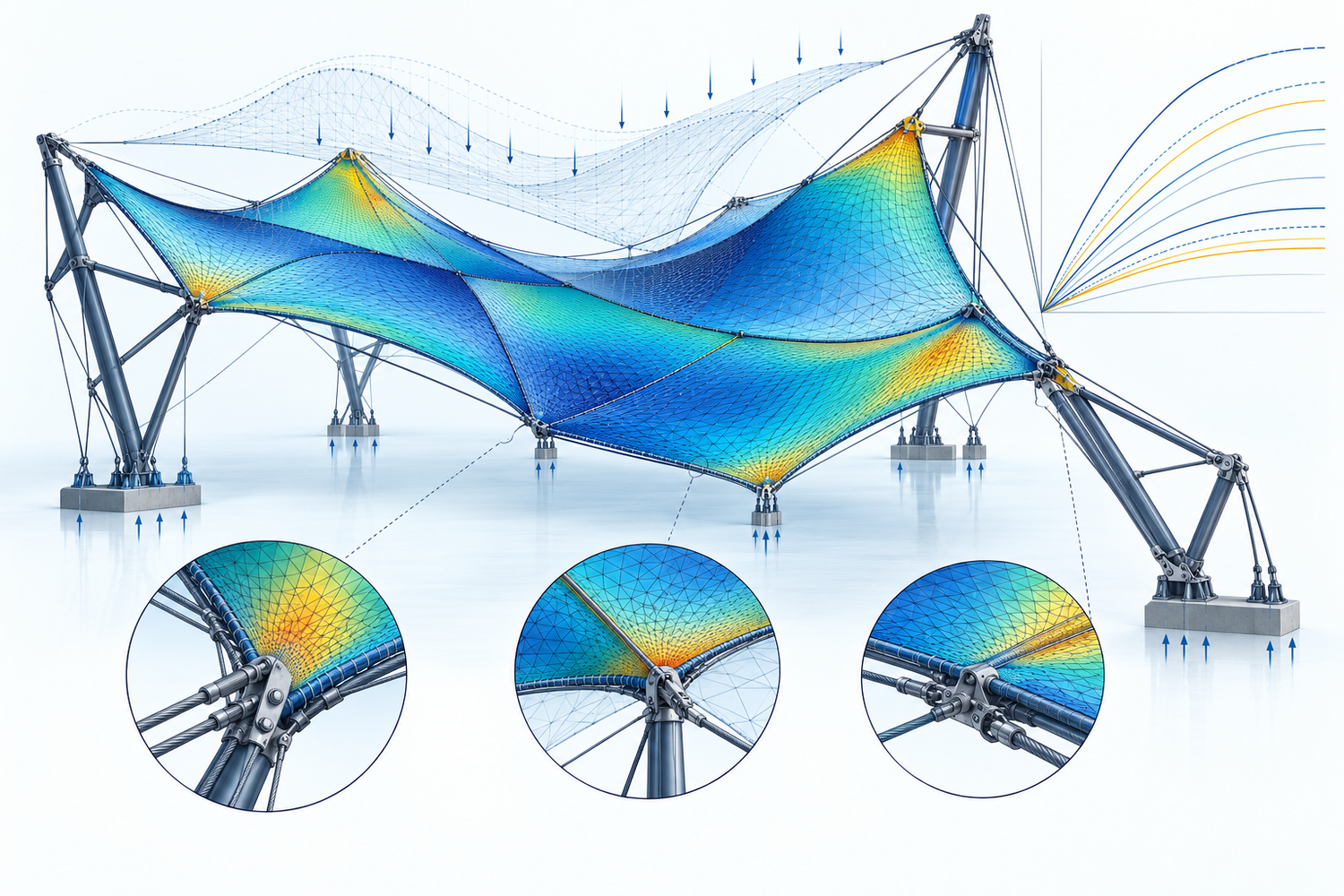 Illustrative nonlinear membrane analysis with interconnected panels, support and cable details, alternative deformation, and scenario curves; no client data