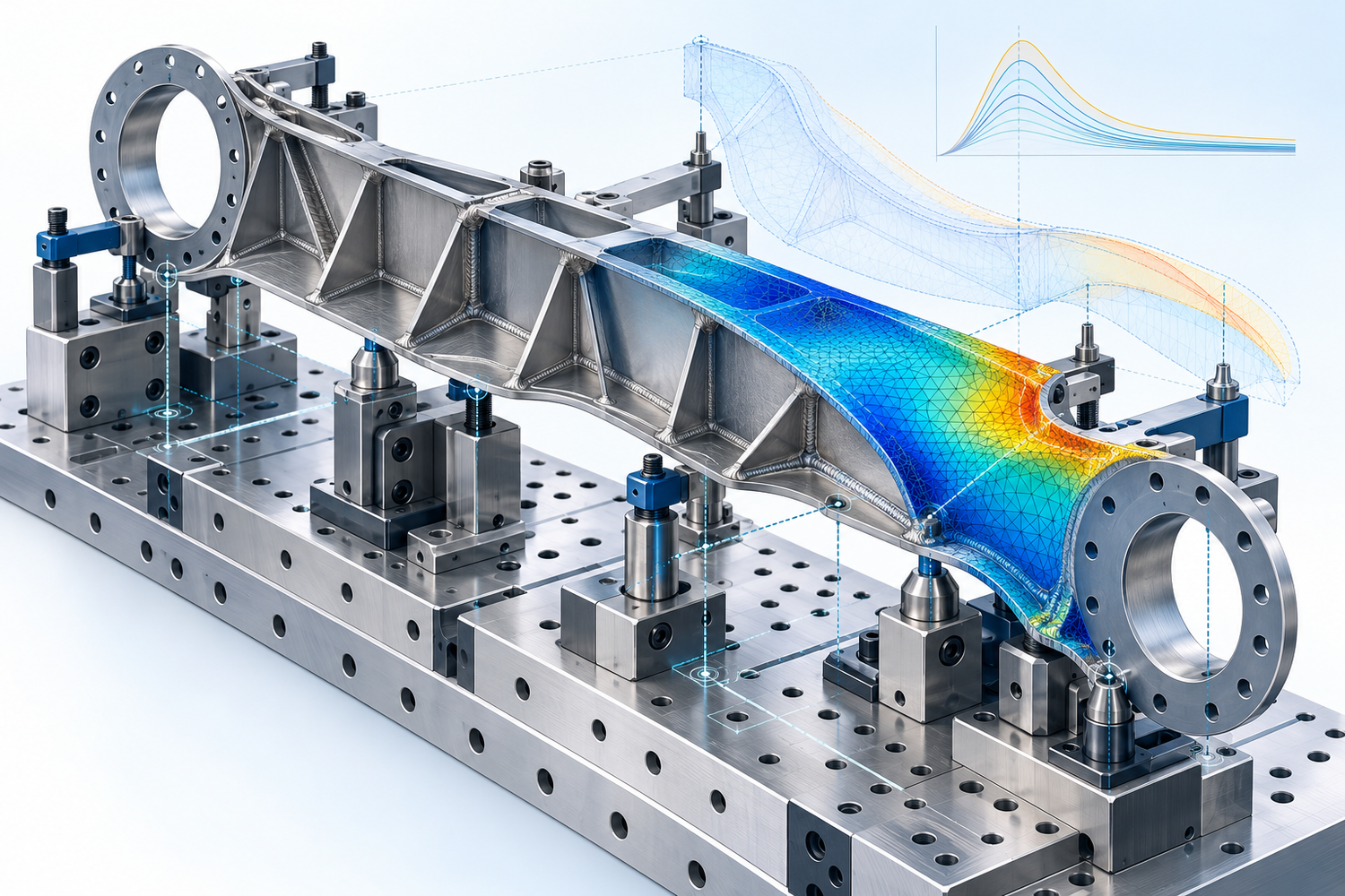Illustrative welded assembly on a locating fixture with local finite-element response, thermal deformation overlay, and process variation; no client data
