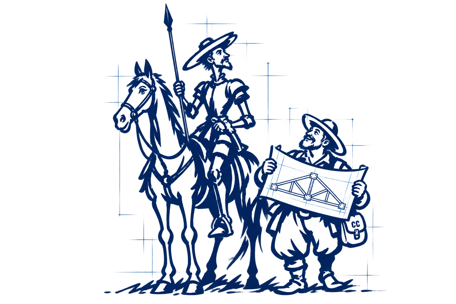 Navy line illustration of Don Quixote on horseback and Sancho holding a structural truss drawing.