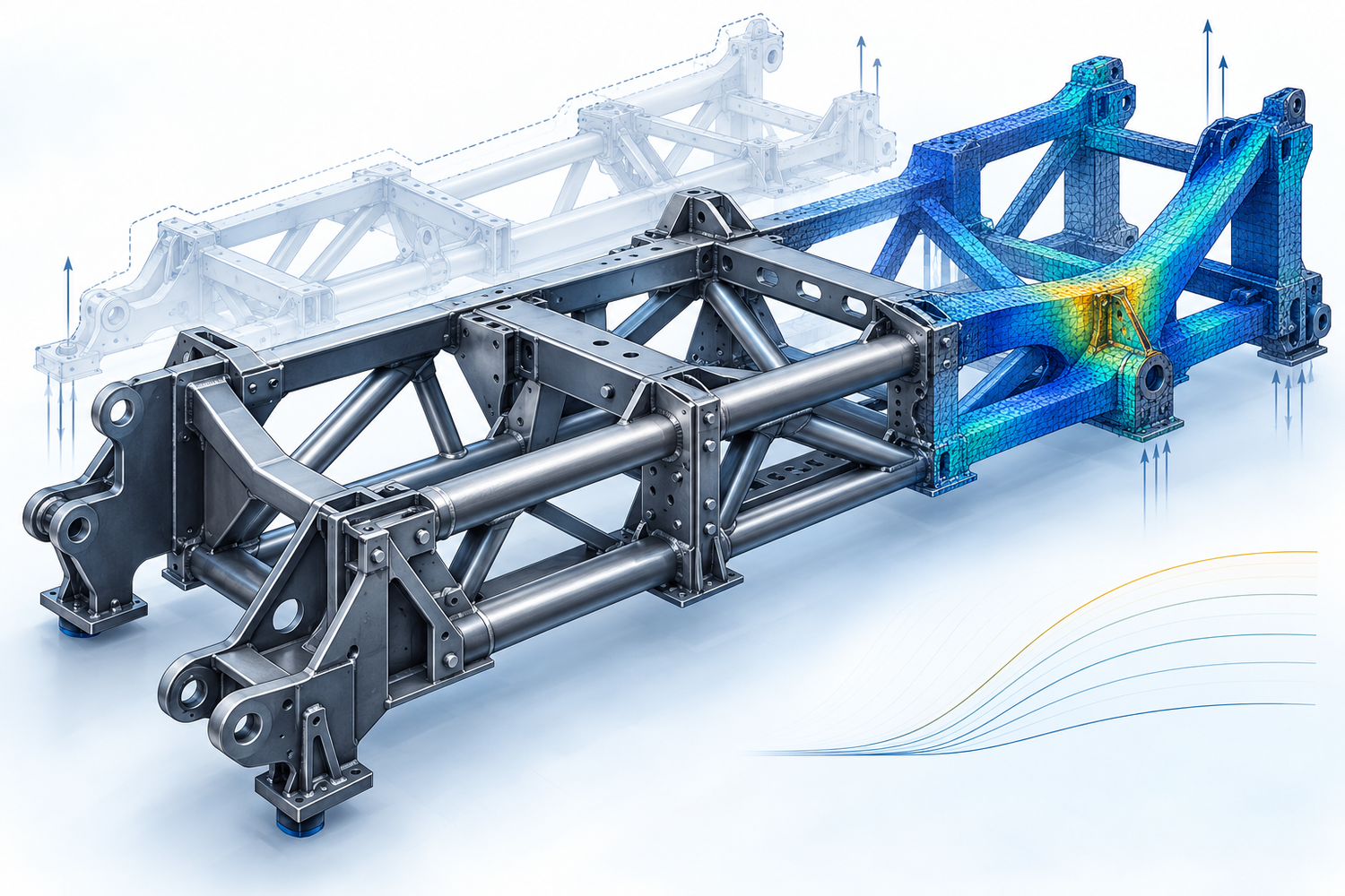 Illustrative interconnected transport support assembly with finite-element response overlay and alternative geometry; no client data