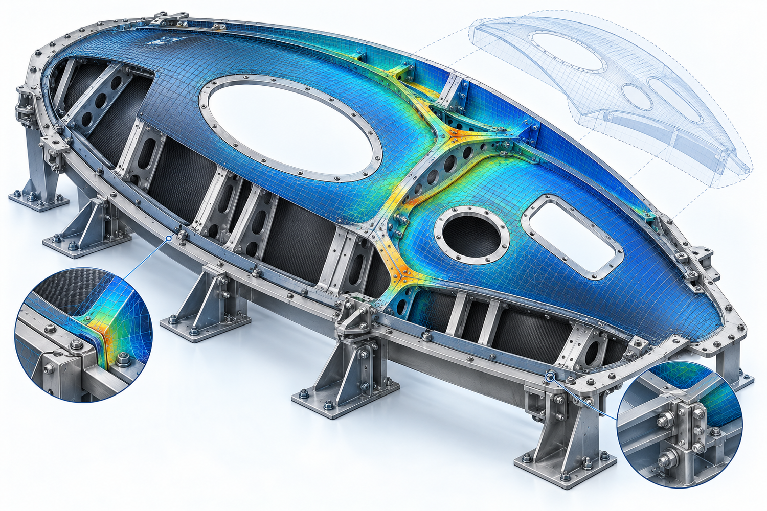 Illustrative curved manufactured shell and supporting frame with detailed mesh, reinforced interfaces, local response, and alternative geometry; no client data