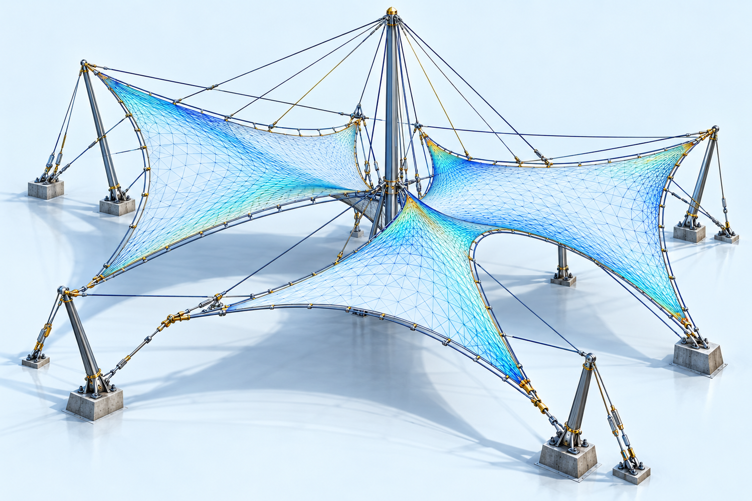 Illustrative interconnected tensioned canopy with asymmetric fabric panels, masts, cables, mesh, fittings, and supports; no client data
